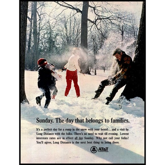 1967 AT&T Long Distance Vintage Print Ad Family Snowball Fight Winter Wall Art - Picture 1 of 1